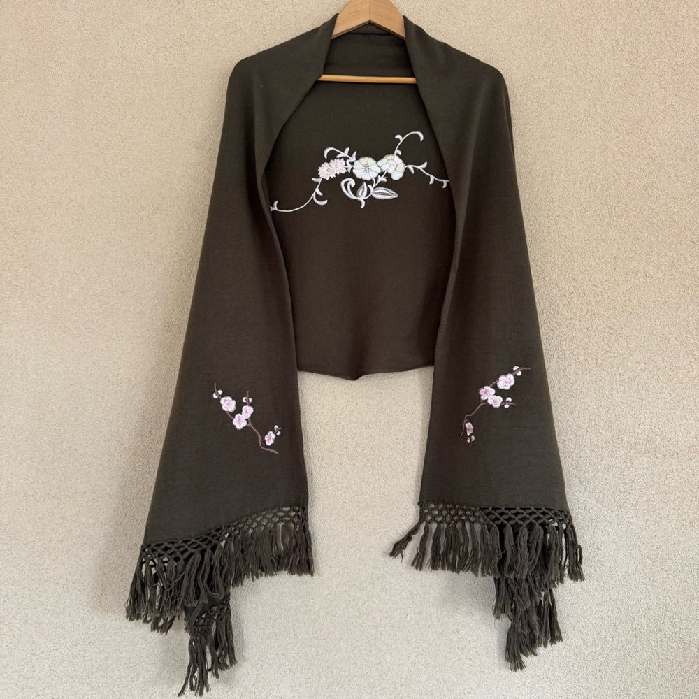 Marion & Lindie Olive Green with Pink Floral Embroidered Wrap